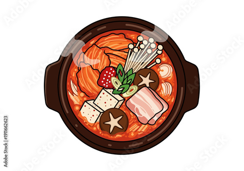 A vibrant Korean-style hot pot dish illustration with various ingredients and spices in a brown pot on a transparent background viewed from directly above