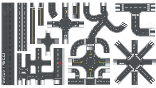 Large set of various road map construction elements including intersections, turns, highways, and roundabouts for city planning design.