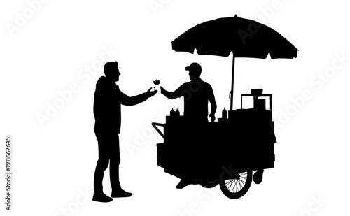 Street food vendor cart with customer silhouette, local flavor and authentic urban lifestyle concept, regional city culture and daily street life vector