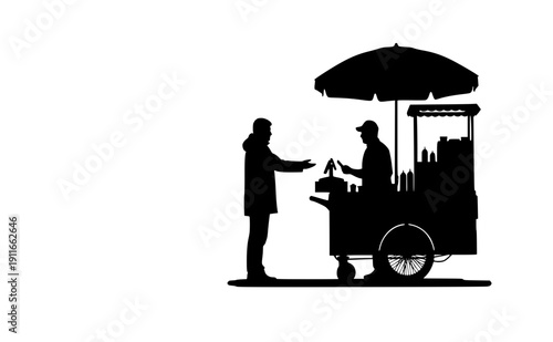 Street food vendor cart with customer silhouette, local flavor and authentic urban lifestyle concept, regional city culture and daily street life vector