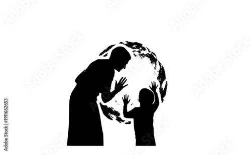 Elderly person and child with glowing portal silhouette, connectioneering and intergenerational bond concept, human connection and discovery vector