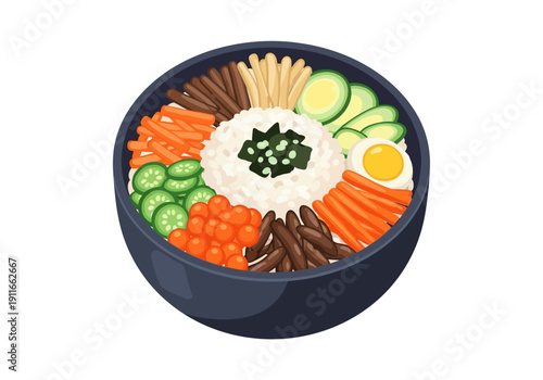 A bowl of bibimbap, a traditional Korean rice dish topped with various vegetables and egg, served in a dark blue bowl from a top-down view