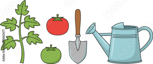 Home Gardening Vector Illustration Set Featuring Tomato Plant Red and Green Tomatoes Hand Trowel and Blue Watering Can Icons