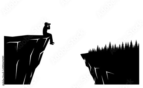 Person with binoculars on cliff silhouette, explorecore and nature discovery concept, mental health retreat and outdoor adventure vector illustration