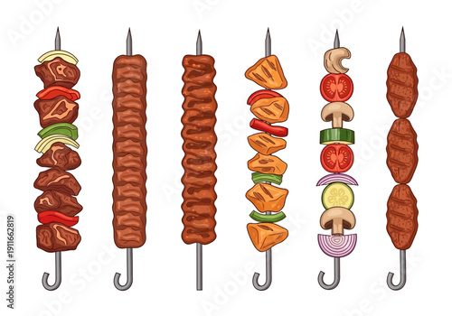 Assorted kebabs with meat and vegetables on skewers, viewed from the front