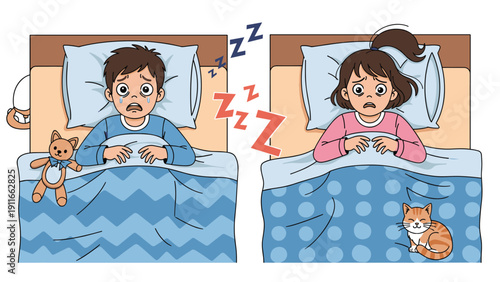 Young boy and girl lying in their beds looking scared and wide awake while unable to sleep due to nightmares or fear of the dark.