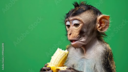 Wallpaper Mural Cute Baby Monkey Eating Banana on Green Background Torontodigital.ca