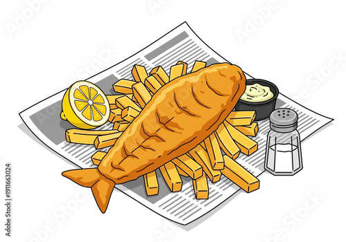Illustration of a delicious meal with fish and fries served on newspaper with condiments from an overhead view