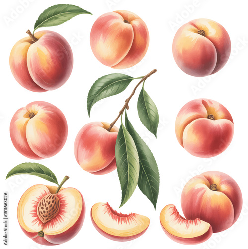 Botanical apricot illustration bundle with realistic texture and organic watercolor detailing.
