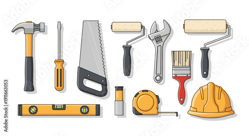 Assorted Construction Tools and Safety Equipment.