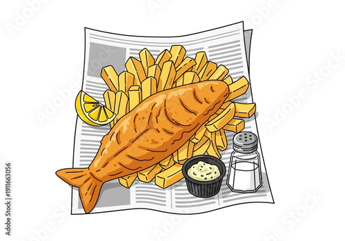 Illustration of a fried fish with fries on newspaper, served with dipping sauce and condiments on the side, viewed from directly above