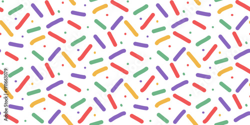 Seamless pattern background confetti sprinkles. Small dashed birthday cute vector surface design. Simple repeat illustration print . Happy and fun design for baby parties in pastel colors.