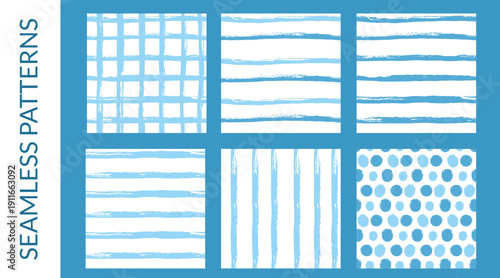 Blue lines seamless pattern set. Baby hand-drawn nursery stripes brush stroke and polka dot, gingham for a male pastel theme. Paint abstract streak seamless set. Vector lines, plaid patterns.