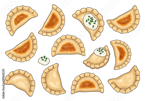 Assorted dumplings with various fillings and toppings arranged on a clean surface, viewed from directly above