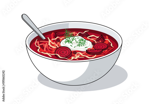 A bowl of borscht with sour cream and fresh herbs, illustration, white background, close-up view