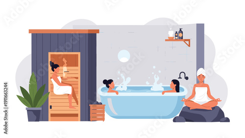 Women relaxing and practicing self care in a spa setting including a wooden sauna, hot tub, and quiet meditation on a peaceful rock.