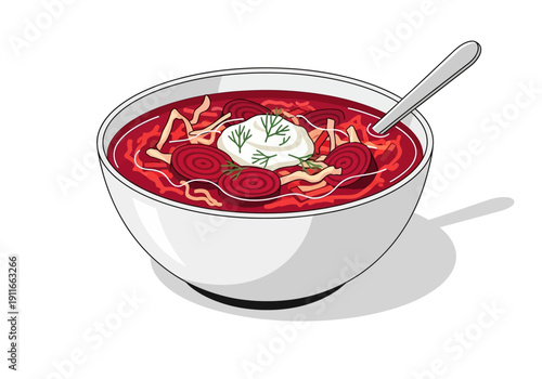 A bowl of red borscht with a spoon, garnished with sour cream and herbs, in a white bowl, viewed from above.