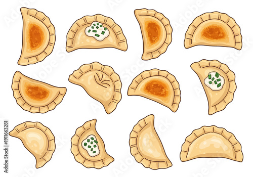 Assorted Empanadas Displayed on White Background from Direct Viewpoint
