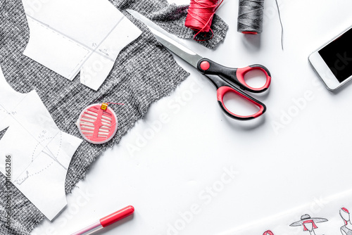desktop designer clothes with tools top view mock up