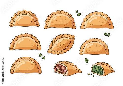 Assorted empanadas with various fillings displayed on a clean background from a top-down viewpoint