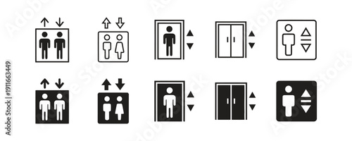 Outline and filled icons of elevators with people and doors