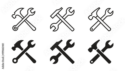 Outline and filled icons of crossed hammer and wrench tools