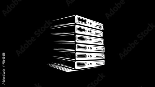 Stylized, perspective rendering of stacked electronic devices with ports and lights