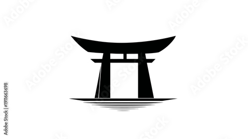 A black silhouette of a traditional Japanese torii gate on white background with reflections