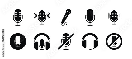 Outline icons for microphones and headphones related to audio, podcasting, and communication