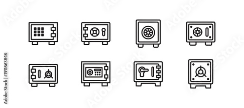 Outline icons of safes with different locking mechanisms
