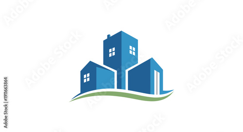 Blue Houses Graphic Illustration Simple Design.
