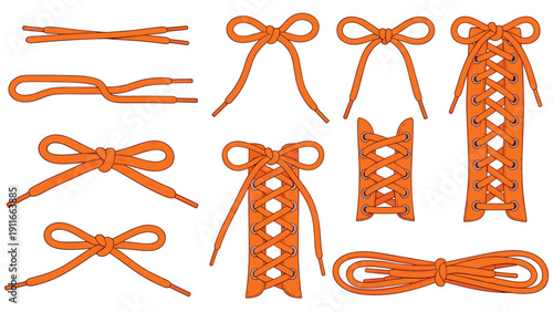 Collection of various shoelace tying techniques and knots shown in bright orange including bows, cross lacing, and straight bars.