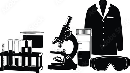 Black and white vector art showing laboratory equipment microscope test tubes beaker safety goggles medicine bottle and lab coat arranged in clinical setting