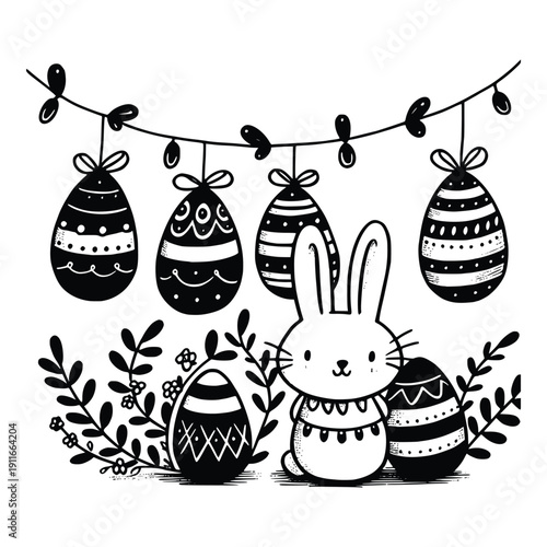 Easter Eggs Garland with Cute Bunny Black and White