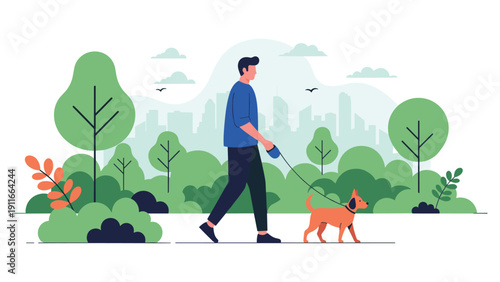 Man wearing casual blue shirt walking his small brown dog on a leash through a beautiful green city park with skyscrapers behind.