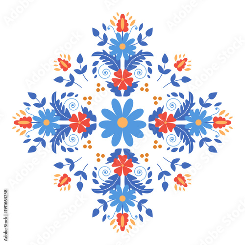 Nordic Folk Ornament. Symmetrical Bouquet with Wildflowers. Scandinavian Design Floral Composition. Vector illustration.