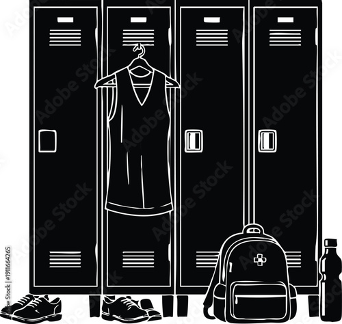 Black and white vector art of gym locker with hanging sleeveless shirt shoes backpack and water bottle viewed frontally in minimalist style