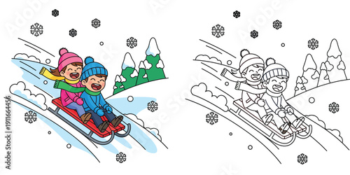 Happy children sledding down a snowy hill. Winter cartoon vector illustration with black and white outline version for coloring book page.