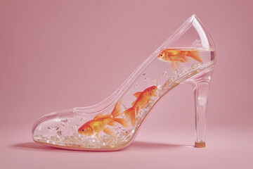 surreal editorial close up photograph of an elegant high heel shoe filled with goldfish representing luxury and fragility against a solid dusty rose background.