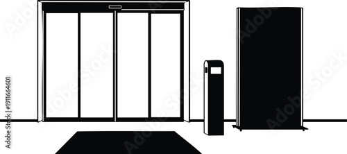 Minimalist black and white vector art of automatic sliding glass door entrance with floor mat and nearby electronic kiosk and large standing display in modern building setup