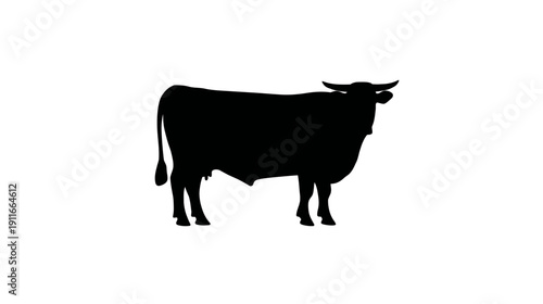 A side profile of a cow silhouette against a white backdrop. Featuring horns, udders, and four legs