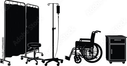 Black silhouette vector of medical privacy screens intravenous drip hospital wheelchair and mobile bedside cabinet in clean isolated style