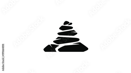 A black and white image of stacked stones, forming a balance-like shape, centered on a white background