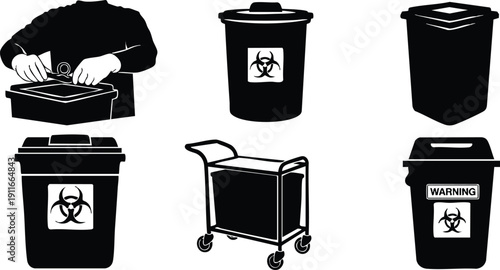Monochrome vector set of medical biohazard waste bins with warning labels and a person handling a container on a wheeled cart in flat design style