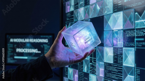 AI modular reasoning coding software development concept with autonomous agents holding glowing logic module cube in futuristic digital interface