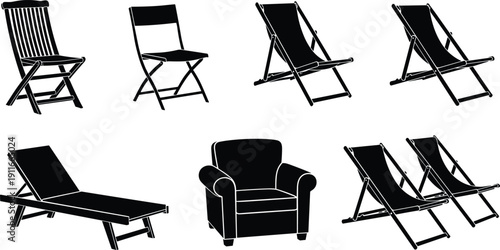 Chair and Lounge Furniture Silhouettes Set Including Folding Chair Deck Chair Sun Lounger and Armchair Isolated on White Background for Interior and Outdoor Design