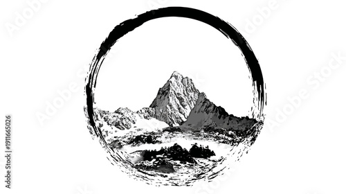 Monochrome ink painting showing a snow-capped mountain range enclosed in a black brushstroke circle