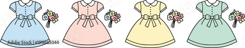 Pastel Bridesmaid Dresses Collection with Matching Flower Bouquets in Cute Hand Drawn Flat Vector Style