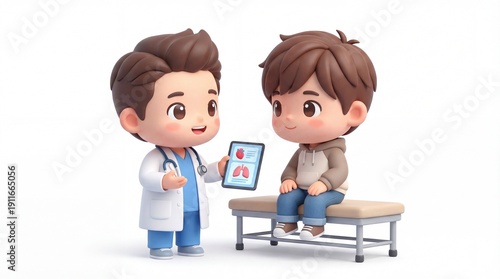 Doctor Explaining Medical Information to a Young Boy Patient During a Friendly Health Check up in a Cheerful and Informative 3d Chibi Illustration
