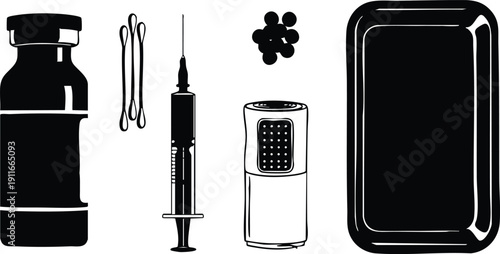 Minimalist vector art black silhouette medical vaccine vial syringe cotton swabs adhesive plaster and pill bottle set on white background